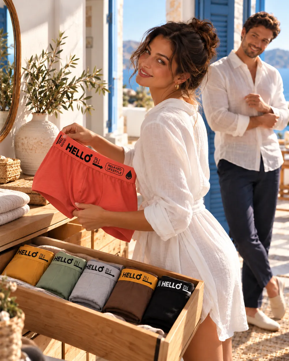 Kadın çekmeceden mercan Hello Slim boxerı seçiyor, çekmecede diğer 5 renk dizili