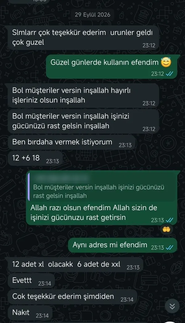 Müşteri mesajı: ürünler geldi çok güzel, tekrar 12+6 sipariş vermek istiyorum