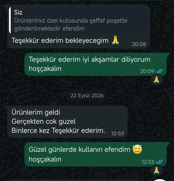 Müşteri mesajı: ürünlerim geldi, gerçekten çok güzel