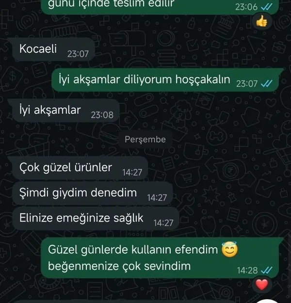 Müşteri mesajı: çok güzel ürünler, şimdi giydim denedim